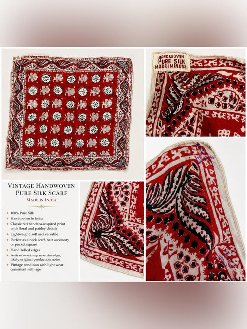 Vintage Handwoven Pure Silk Pocket Square Scarf Red Bandana Print Made in India - Sable & Red