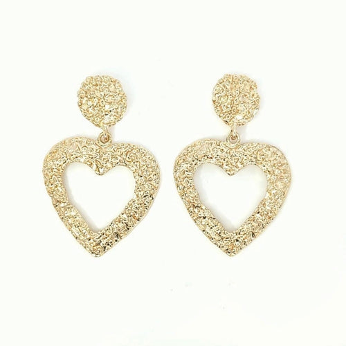 Vintage Textured Gold Heart Drop Earrings • Statement Dangle - Sable & Red