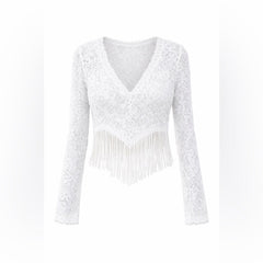 White Lace Fringe V-Neck Long Sleeve Top Size Small - Sable & Red