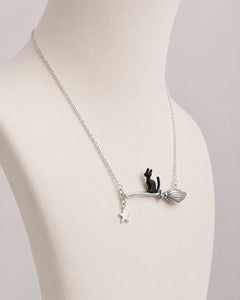 Witchy Black Cat Broom & Star Stainless Steel Necklace - Sable & Red