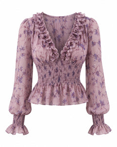 Women’s Mauve Floral Ruffle Smocked Peplum Blouse Size Small/4 - Sable & Red