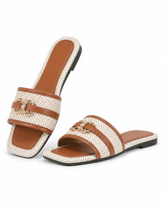 Women’s Tan & Cream Woven Square-Toe Slide Sandals Size 7 - Sable & Red