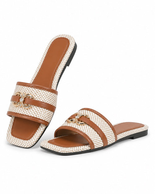 Women’s Tan & Cream Woven Square-Toe Slide Sandals Size 7 - Sable & Red