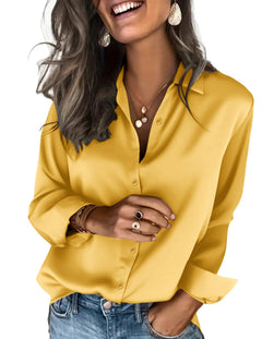 Zeagoo Satin Blouses for Women Silk Button Down Shirts Long Sleeve Tops - Sable & Red