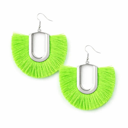 Tassel Neon Green and Silver Fringe Earrings