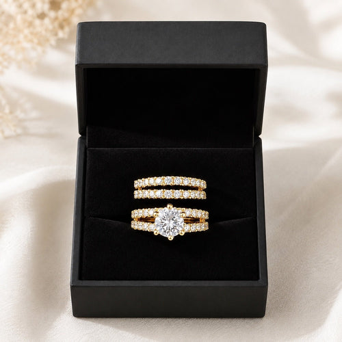 14k Gold-Plated CZ Double Row Stackable Wedding Engagement Ring 2-piece Set - Sable & Red