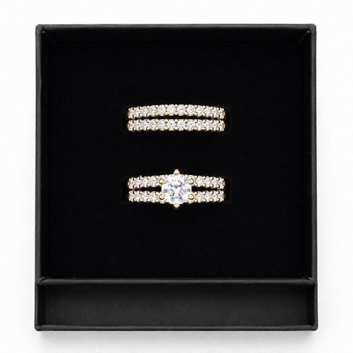 14k Gold-Plated CZ Double Row Stackable Wedding Engagement Ring 2-piece Set - Sable & Red