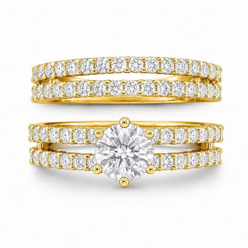 14k Gold-Plated CZ Double Row Stackable Wedding Engagement Ring 2-piece Set - Sable & Red
