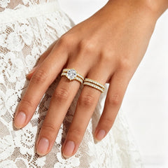 14k Gold-Plated CZ Double Row Stackable Wedding Engagement Ring 2-piece Set - Sable & Red