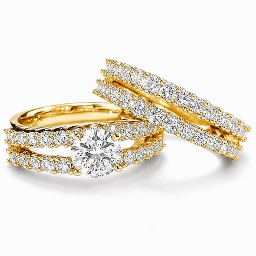 14k Gold-Plated CZ Double Row Stackable Wedding Engagement Ring 2-piece Set - Sable & Red