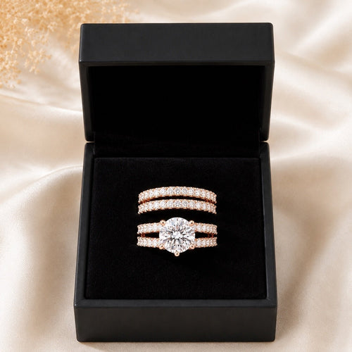 14k Rose Gold-Plate Double Row Stackable Wedding Engagement Ring 2-piece Set - Sable & Red