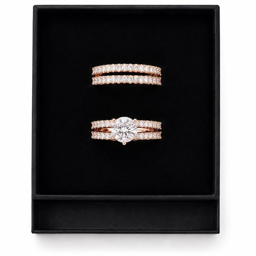 14k Rose Gold-Plate Double Row Stackable Wedding Engagement Ring 2-piece Set - Sable & Red