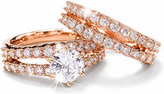 14k Rose Gold-Plate Double Row Stackable Wedding Engagement Ring 2-piece Set - Sable & Red