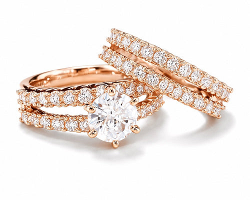 14k Rose Gold-Plate Double Row Stackable Wedding Engagement Ring 2-piece Set - Sable & Red