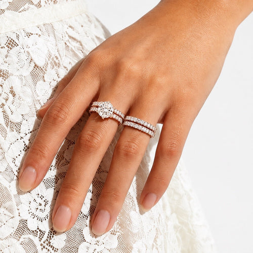 14k Rose Gold-Plate Double Row Stackable Wedding Engagement Ring 2-piece Set - Sable & Red