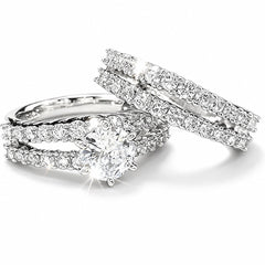 14k White Gold-Plate Double Row Stackable Wedding Engagement Ring 2-piece Set - Sable & Red