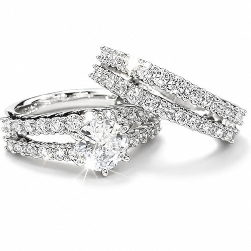 14k White Gold-Plate Double Row Stackable Wedding Engagement Ring 2-piece Set - Sable & Red