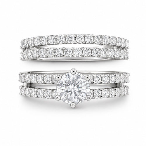 14k White Gold-Plate Double Row Stackable Wedding Engagement Ring 2-piece Set - Sable & Red