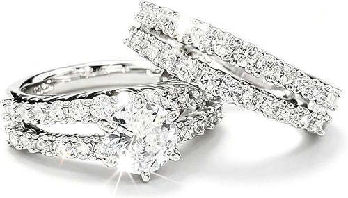 14k White Gold-Plate Double Row Stackable Wedding Engagement Ring 2-piece Set - Sable & Red