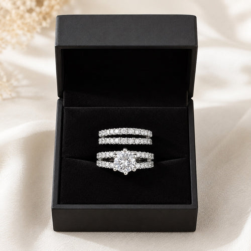14k White Gold-Plate Double Row Stackable Wedding Engagement Ring 2-piece Set - Sable & Red