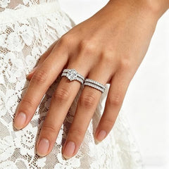 14k White Gold-Plate Double Row Stackable Wedding Engagement Ring 2-piece Set - Sable & Red