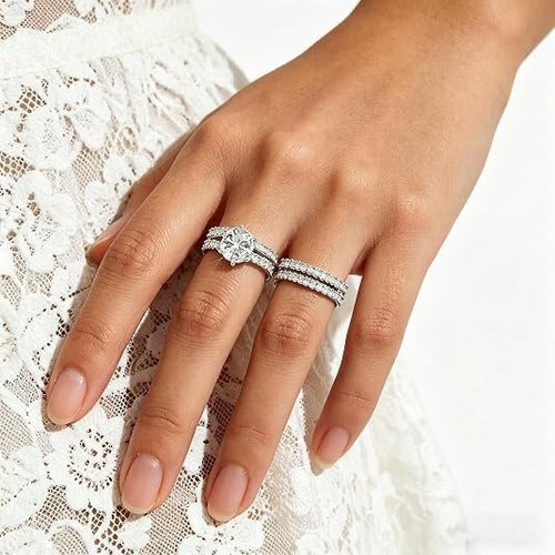 14k White Gold-Plate Double Row Stackable Wedding Engagement Ring 2-piece Set - Sable & Red