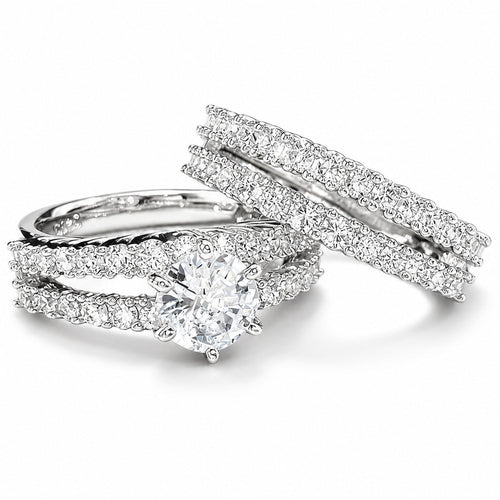 14k White Gold-Plate Double Row Stackable Wedding Engagement Ring 2-piece Set - Sable & Red