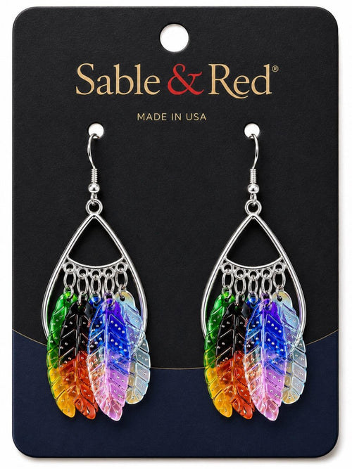 Colorful Iridescent Feather Dangle Earrings Sterling Silver Rainbow Boho