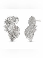 Silver Textured Leaf Statement Stud Earrings Botanical Vein Design