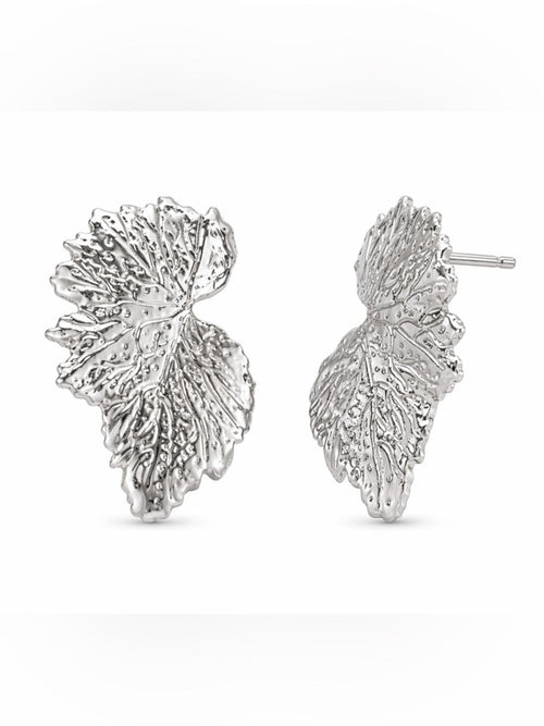 Silver Textured Leaf Statement Stud Earrings Botanical Vein Design