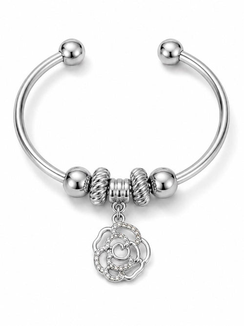 Silver Open Cuff Bangle Bracelet with Crystal Rose Charm Beads