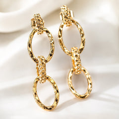 18K Gold-Plated Textured Oval Link Drop Earrings 2” Statement - Sable & Red