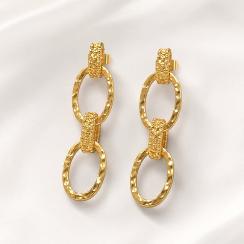 18K Gold-Plated Textured Oval Link Drop Earrings 2” Statement - Sable & Red