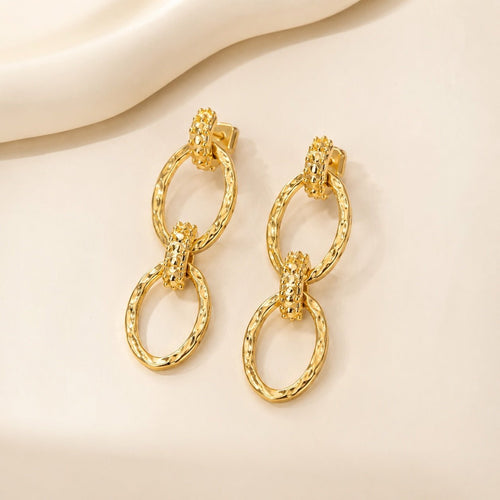 18K Gold-Plated Textured Oval Link Drop Earrings 2” Statement - Sable & Red