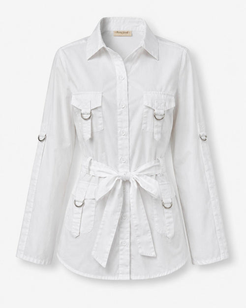 Pretty Good White Belted Utility Tunic Top Roll-Tab Sleeves D-Ring Pockets