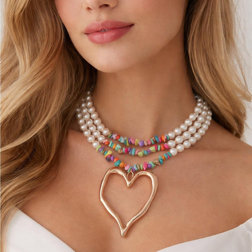 Multi-Strand Boho Pearl & Bead Necklace with Gold Heart Pendant