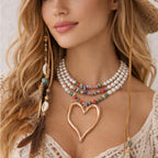 Multi-Strand Boho Pearl & Bead Necklace with Gold Heart Pendant