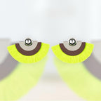 Neon Green Yellow Fan with Brown Leather & Silver Accents Post Earrings