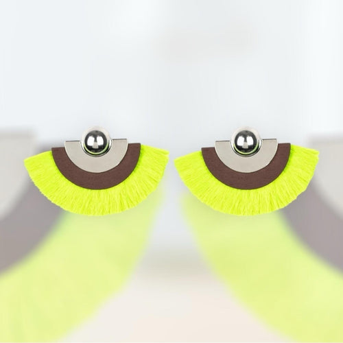 Neon Green Yellow Fan with Brown Leather & Silver Accents Post Earrings