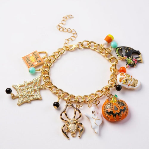 Halloween Charm Bracelet on Gold Chain | Super Cute | Spooky, Ghost, Spider Web