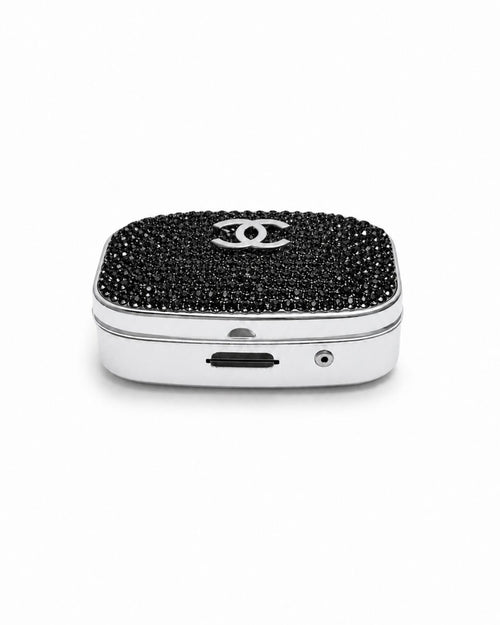 Chanel Black Crystal CC Travel Pill Case Silver Compact with Box