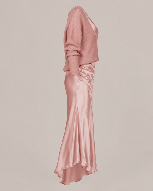 Blush Pink Satin Maxi Dress and Sweater Two-Piece Set