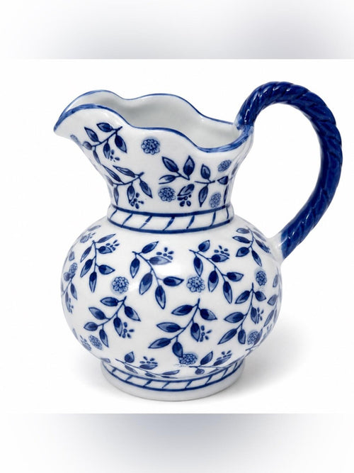 Blue & White Floral Ceramic Pitcher Vase 7.5”