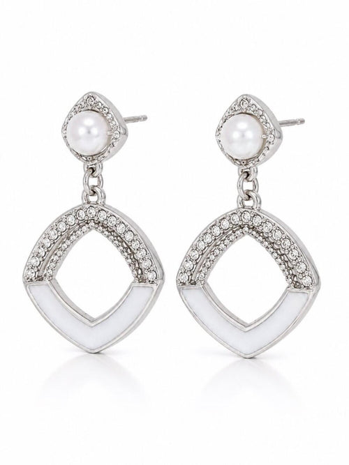 Tuckernuck Silver Pearl Rhinestone Geometric Enamel Drop Earrings