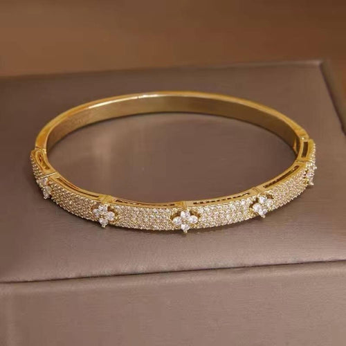 Gold Cubic Zirconia Clover Flower Bangle Bracelet