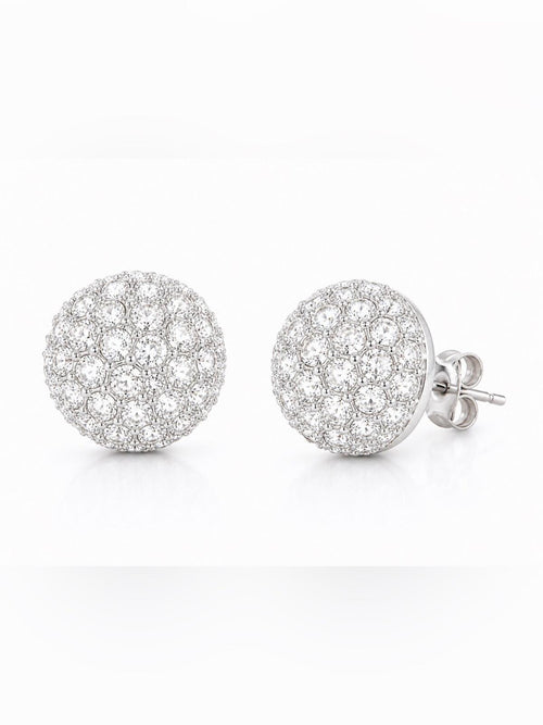 Silver Crystal Pave Stud Dome Earrings Rhinestone Round 0.56”