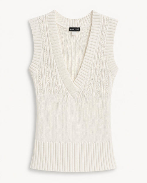White Sleeveless Knit Tunic Top Deep V-Neck Women’s Small