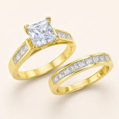 4.5 CTW Gold-Plated Princess Cut CZ Bridal Ring Set - Sable & Red