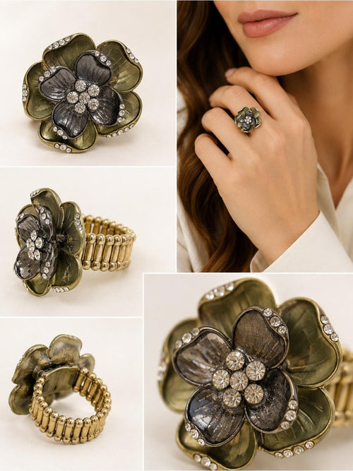 Crystal Floral Antique Statement Stretch Ring - Gold and Gunmetal