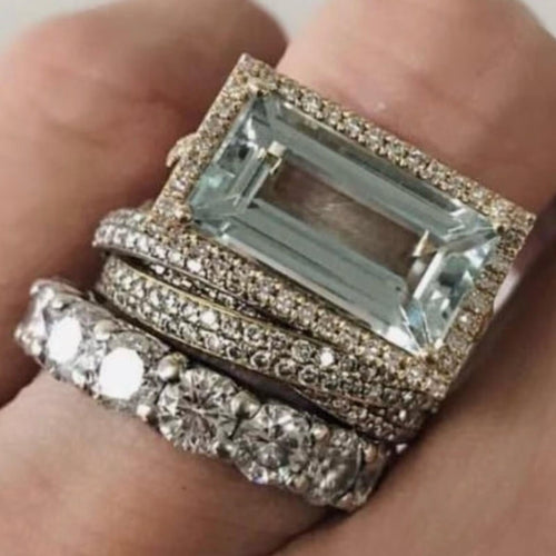 Aquamarine and Diamond 3 Ring Statement Stacked Ring Set - Women Jewelry Size 8